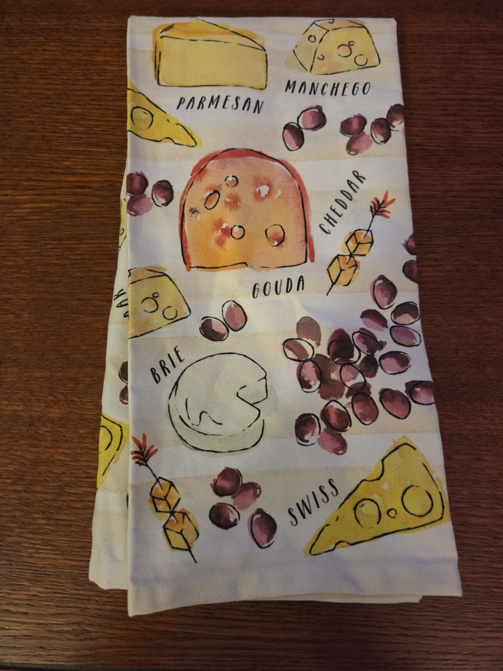 Cheese & Cheer Print Kitchen Tea Towel - Yellow, Burgundy, Cream